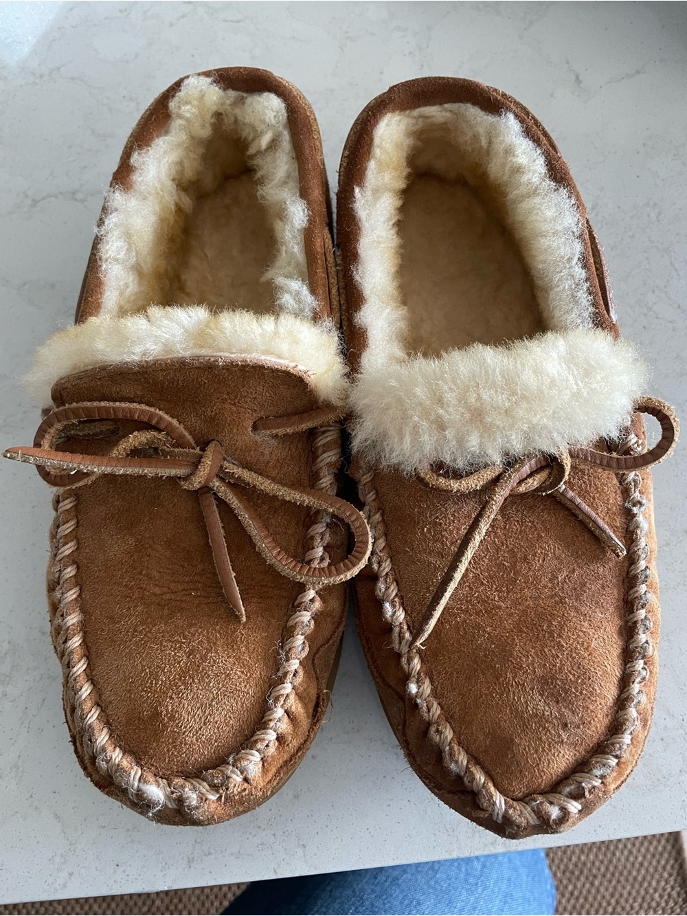 L.L. Bean Brown Suede Kids Moccasin Slippers with Cream Shearling